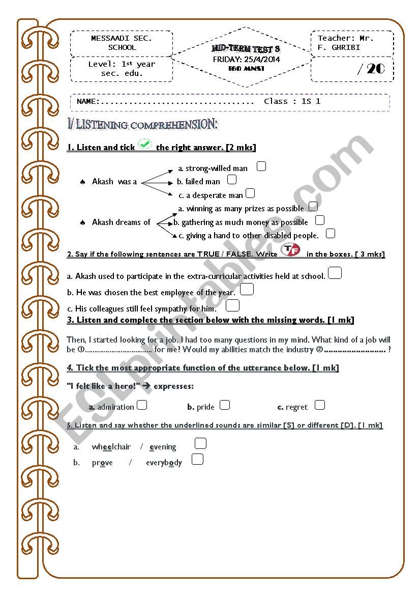 MID-TERM [3]   TEST  //  1st YEAR  Tunisian   sts  